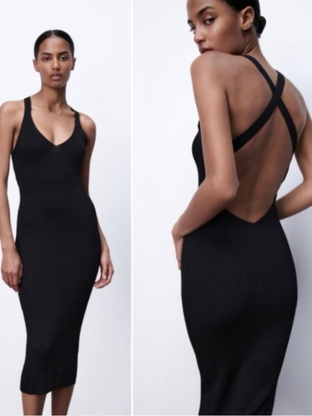 ZARA Black Cross-Back Backless Ribbes Midi Dress